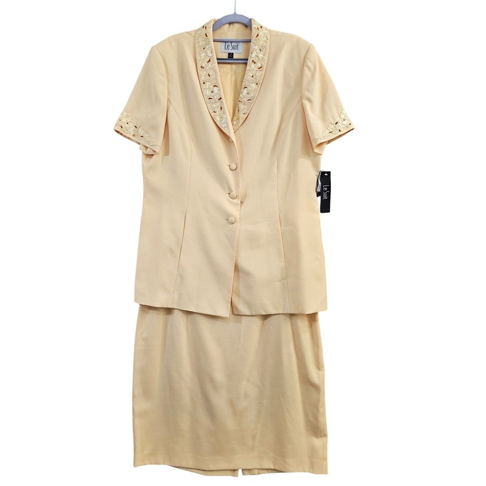 Le Suit Womens Skirt Suit Set 18 Easter Spring Yellow Embroidered Beaded  NWT